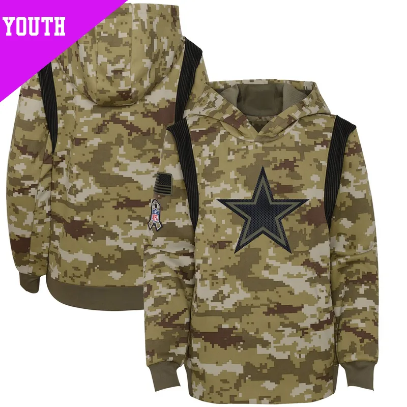 Youth Dallas Cowboys Olive 2021 Salute to Service Therma Performance Pullover Hoodie